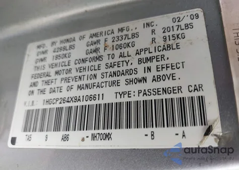 2009 Honda Accord 2.4 Lx-P из США, поврежденный, VIN 1HGCP264X9A106611